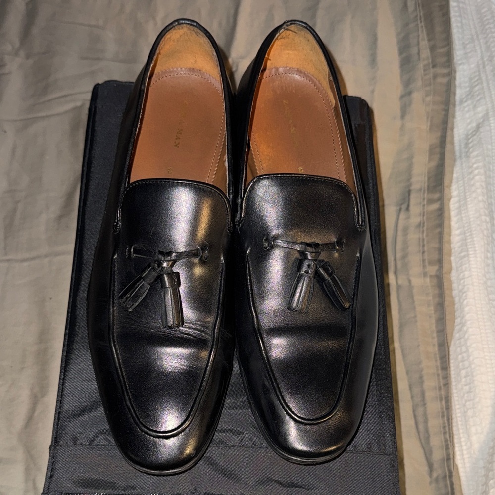 Zara Black Leather Tassel Loafers for Men